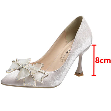 Xajzpa  Rhinestone Bowtie Pointed Toe Women's Pumps New Spring Satin Bridal Wedding Shoes Shallow Woman Pumps Stiletto Red